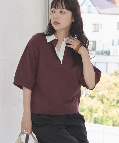 AMERICAN HOLIC（アメリカンホリック）の「衿配色5分袖ラガーシャツ（Tシャツ/カットソー・レディース・ブルー系その他2/ボルドー/杢グレー・FREE）」の22枚目の写真