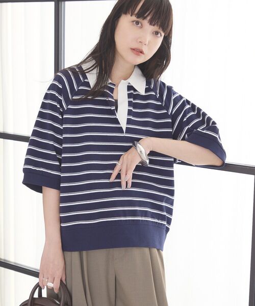 AMERICAN HOLIC（アメリカンホリック）の「衿配色5分袖ラガーシャツ（Tシャツ/カットソー・レディース・ブルー系その他2/ボルドー/杢グレー・FREE）」の3枚目の写真