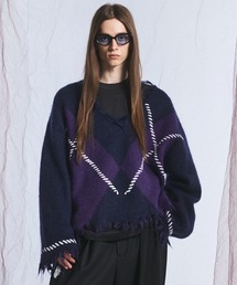 《UNISEX》デストロイダメージアーガイルプライムオーバーモヘヤシャギーVネックニットセーター/Distressed Damaged Argyle Prime-Over Mohair Shaggy V-neck Knit Sweater【MAISON SPECIAL/メゾンスペシャル】