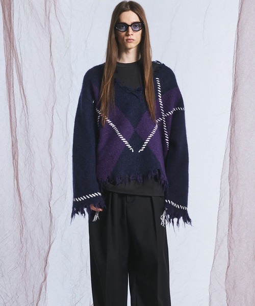MAISON SPECIAL(メゾンスペシャル)の「《UNISEX》デストロイダメージアーガイルプライムオーバーモヘヤシャギーVネックニットセーター/Distressed Damaged Argyle Prime-Over Mohair Shaggy V-neck Knit Sweater【MAISON SPECIAL/メゾンスペシャル】(ニット/セーター・メンズ・パープル/ブラック・0/2/1)」の10枚目の写真