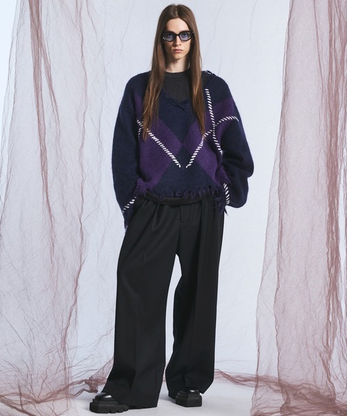 MAISON SPECIAL(メゾンスペシャル)の「《UNISEX》デストロイダメージアーガイルプライムオーバーモヘヤシャギーVネックニットセーター/Distressed Damaged Argyle Prime-Over Mohair Shaggy V-neck Knit Sweater【MAISON SPECIAL/メゾンスペシャル】(ニット/セーター・メンズ・パープル/ブラック・0/2/1)」の6枚目の写真
