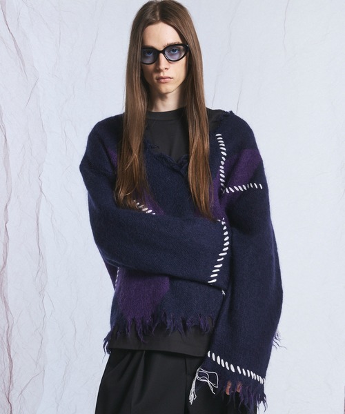 MAISON SPECIAL(メゾンスペシャル)の「《UNISEX》デストロイダメージアーガイルプライムオーバーモヘヤシャギーVネックニットセーター/Distressed Damaged Argyle Prime-Over Mohair Shaggy V-neck Knit Sweater【MAISON SPECIAL/メゾンスペシャル】(ニット/セーター・メンズ・パープル/ブラック・0/2/1)」の13枚目の写真