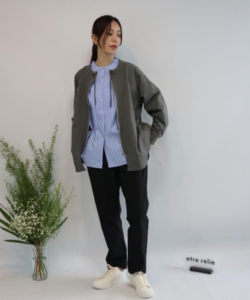etre relie（エトレリー）の「ポプリン4wayシワ加工丸襟ブルゾン（ノーカラーコート・レディース・ベージュ/グレー・M）」の7枚目の写真