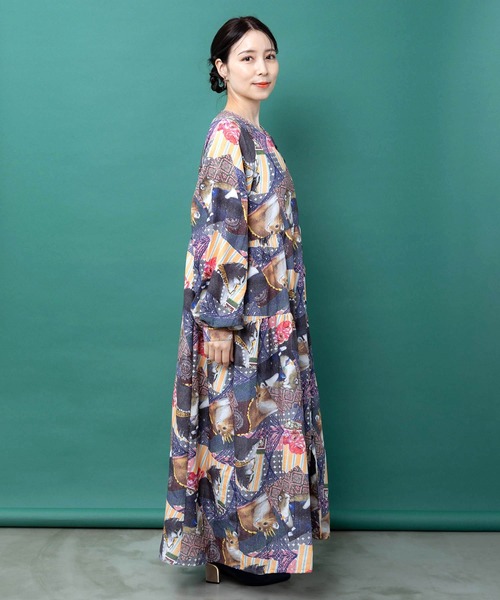ScoLar(スカラー)の「163674:ネコ貴族コラージュ柄 シャツワンピース(ワンピース・レディース・ブルー/ブラウン・M)」の6枚目の写真