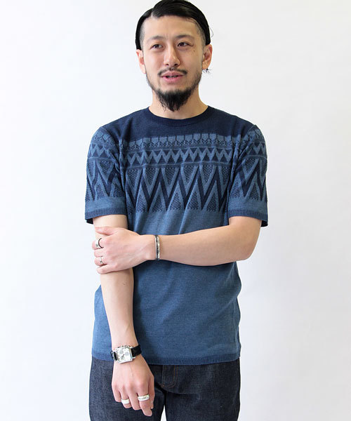 FREDY&GLOSTER（フレディアンドグロスター）の「地柄プレーティング半袖ニット（ニット/セーター・メンズ・グレー/ネイビー・S/M/L）」の2枚目の写真