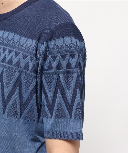 FREDY&GLOSTER（フレディアンドグロスター）の「地柄プレーティング半袖ニット（ニット/セーター・メンズ・グレー/ネイビー・S/M/L）」の6枚目の写真