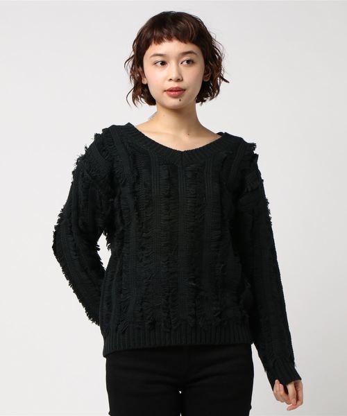 GeeRA（ジーラ）の「Ｖネックフリンジニットプルオーバー（ニット/セーター・レディース・ブラック/ベージュ系その他/ボルドー・LL/S/M/L）」の8枚目の写真