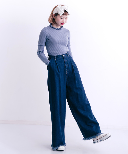 MERLOT（メルロー）の「フリルネックリブニットプルオーバー1101（ニット/セーター・レディース・ライトグレー/マスタード/パープル/アイボリー/ブルー/ブラック・FREE）」の20枚目の写真