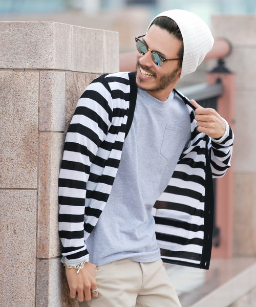 jiggys shop（ジギーズショップ）の「サマーニット カーディガン（カーディガン/ボレロ・メンズ・ブラック/ネイビー/グレー/ピンク/イエロー/ブラック×ホワイト/ホワイト×ネイビー/ロイヤルブルー/インディゴブルー/ライトグリーン/サックスブルー/パープル/レッド/ホワイト系その他/ベージュ/ダークベージュ/スモークピンク/ダークパープル/モスグリーン/グレイッシュベージュ・LARGE/MEDIUM/SMALL/X-LARGE/XX-LARGE）」の4枚目の写真