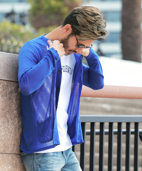 jiggys shop（ジギーズショップ）の「サマーニット カーディガン（カーディガン/ボレロ・メンズ・ブラック/ネイビー/グレー/ピンク/イエロー/ブラック×ホワイト/ホワイト×ネイビー/ロイヤルブルー/インディゴブルー/ライトグリーン/サックスブルー/パープル/レッド/ホワイト系その他/ベージュ/ダークベージュ/スモークピンク/ダークパープル/モスグリーン/グレイッシュベージュ・LARGE/MEDIUM/SMALL/X-LARGE/XX-LARGE）」の14枚目の写真