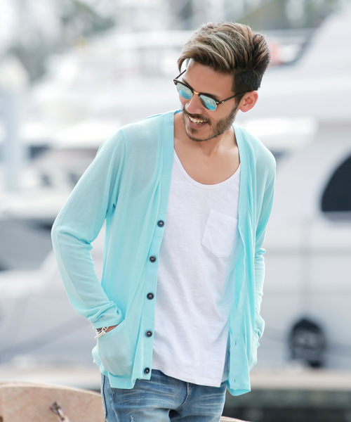 jiggys shop（ジギーズショップ）の「サマーニット カーディガン（カーディガン/ボレロ・メンズ・ブラック/ネイビー/グレー/ピンク/イエロー/ブラック×ホワイト/ホワイト×ネイビー/ロイヤルブルー/インディゴブルー/ライトグリーン/サックスブルー/パープル/レッド/ホワイト系その他/ベージュ/ダークベージュ/スモークピンク/ダークパープル/モスグリーン/グレイッシュベージュ・LARGE/MEDIUM/SMALL/X-LARGE/XX-LARGE）」の12枚目の写真