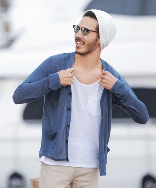 jiggys shop（ジギーズショップ）の「サマーニット カーディガン（カーディガン/ボレロ・メンズ・ブラック/ネイビー/グレー/ピンク/イエロー/ブラック×ホワイト/ホワイト×ネイビー/ロイヤルブルー/インディゴブルー/ライトグリーン/サックスブルー/パープル/レッド/ホワイト系その他/ベージュ/ダークベージュ/スモークピンク/ダークパープル/モスグリーン/グレイッシュベージュ・LARGE/MEDIUM/SMALL/X-LARGE/XX-LARGE）」の13枚目の写真