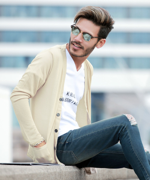 jiggys shop（ジギーズショップ）の「サマーニット カーディガン（カーディガン/ボレロ・メンズ・ブラック/ネイビー/グレー/ピンク/イエロー/ブラック×ホワイト/ホワイト×ネイビー/ロイヤルブルー/インディゴブルー/ライトグリーン/サックスブルー/パープル/レッド/ホワイト系その他/ベージュ/ダークベージュ/スモークピンク/ダークパープル/モスグリーン/グレイッシュベージュ・LARGE/MEDIUM/SMALL/X-LARGE/XX-LARGE）」の6枚目の写真