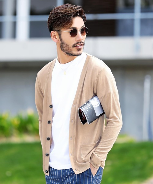 jiggys shop（ジギーズショップ）の「サマーニット カーディガン（カーディガン/ボレロ・メンズ・ブラック/ネイビー/グレー/ピンク/イエロー/ブラック×ホワイト/ホワイト×ネイビー/ロイヤルブルー/インディゴブルー/ライトグリーン/サックスブルー/パープル/レッド/ホワイト系その他/ベージュ/ダークベージュ/スモークピンク/ダークパープル/モスグリーン/グレイッシュベージュ・LARGE/MEDIUM/SMALL/X-LARGE/XX-LARGE）」の8枚目の写真