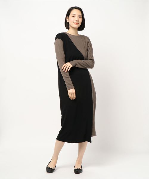 STYLEBLOCK（スタイルブロック）の「起毛リブ×起毛カットソーワンショルダードッキングワンピース（ワンピース・レディース・ブラウン/ベージュ/キャメル・M）」の2枚目の写真
