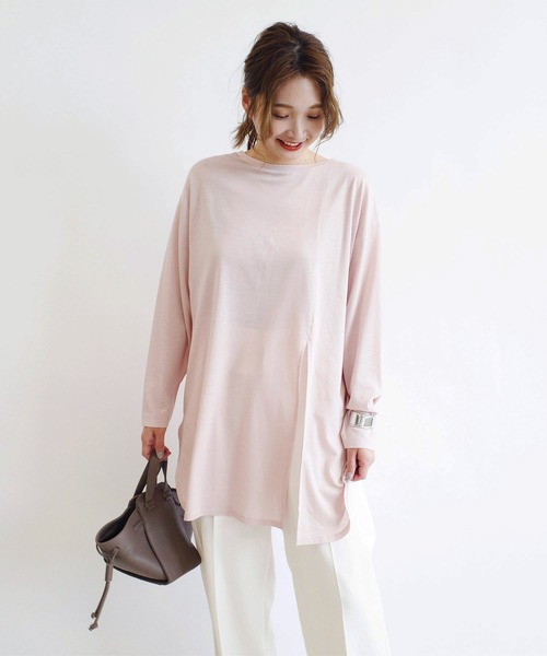 DouDou（ドゥドゥ）の「バックスリットT（Tシャツ/カットソー・レディース・ライトグレー/オフホワイト/ベビーピンク/ピンク/ライトベージュ・FREE）」の4枚目の写真