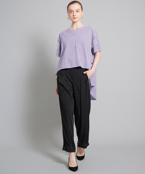 FEMMENT◆50/1ストレッチストライプケープスリーブキーネックブラウス/1/WHT/LS01-659 FEMMENT（ファモン）の「【FEMMENT(ファモン)】50/1ストレッチ
