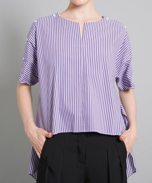 FEMMENT◆50/1ストレッチストライプケープスリーブキーネックブラウス/1/WHT/LS01-659 FEMMENT（ファモン）の「【FEMMENT(ファモン)】50/1ストレッチ