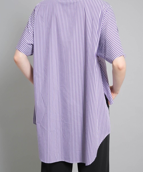 FEMMENT◆50/1ストレッチストライプケープスリーブキーネックブラウス/1/WHT/LS01-659 FEMMENT（ファモン）の「【FEMMENT(ファモン)】50/1ストレッチ