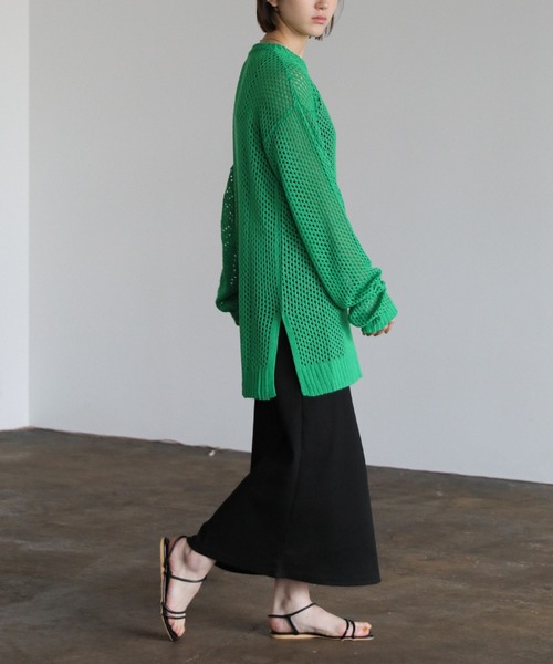 セール】クルーネック透かし編みメッシュニットトップス（ニット