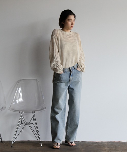 select MOCA（セレクトモカ）の「クルーネック透かし編みメッシュニットトップス（ニット/セーター・レディース・ライム/オレンジ/アイボリー/ブラック/カーキ/グリーン・FREE）」の8枚目の写真