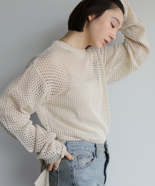 セール】クルーネック透かし編みメッシュニットトップス（ニット