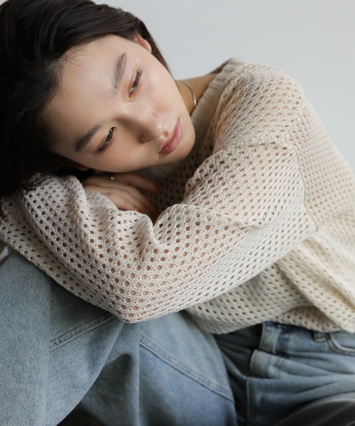 セール】クルーネック透かし編みメッシュニットトップス（ニット