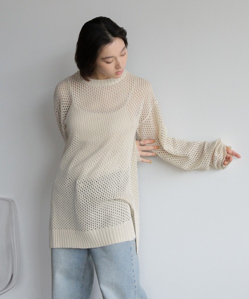 select MOCA（セレクトモカ）の「クルーネック透かし編みメッシュニットトップス（ニット/セーター・レディース・ライム/オレンジ/アイボリー/ブラック/カーキ/グリーン・FREE）」の22枚目の写真