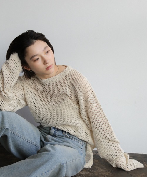 セール】クルーネック透かし編みメッシュニットトップス（ニット