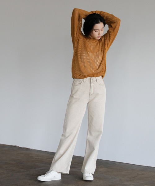 select MOCA（セレクトモカ）の「クルーネック透かし編みメッシュニットトップス（ニット/セーター・レディース・ライム/オレンジ/アイボリー/ブラック/カーキ/グリーン・FREE）」の7枚目の写真