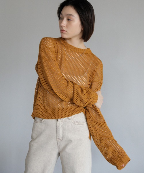 select MOCA（セレクトモカ）の「クルーネック透かし編みメッシュニットトップス（ニット/セーター・レディース・ライム/オレンジ/アイボリー/ブラック/カーキ/グリーン・FREE）」の12枚目の写真