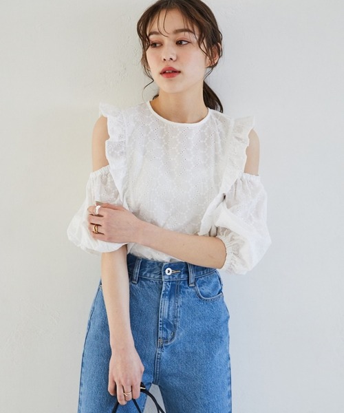 Heather(ヘザー)の「【顔面最強ブラウス】コットンレースフリルブラウス(5分袖)_942526(シャツ/ブラウス・レディース・ホワイト/ブラック/グリーン・FREE)」の2枚目の写真