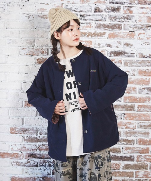 CUBE SUGAR（キューブシュガー）の「綿ナイロンフリースノーカラーリバーシブルジャケット（ノーカラージャケット・レディース・ネイビー/カーキ/ベージュ/ピンク・M）」の3枚目の写真