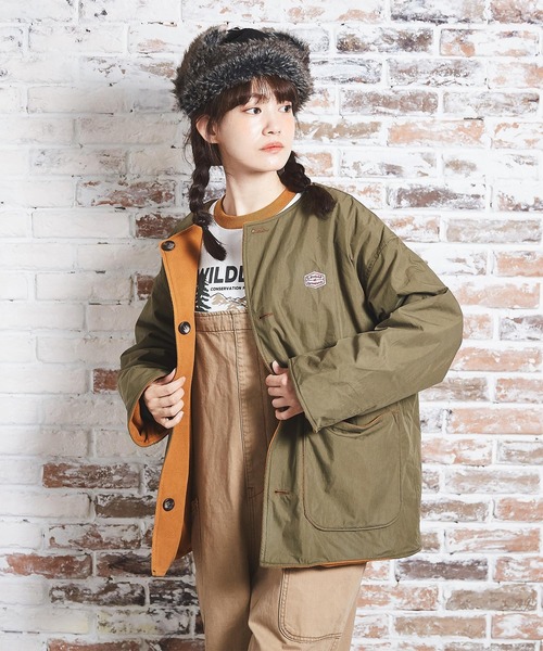 CUBE SUGAR（キューブシュガー）の「綿ナイロンフリースノーカラーリバーシブルジャケット（ノーカラージャケット・レディース・ネイビー/カーキ/ベージュ/ピンク・M）」の2枚目の写真