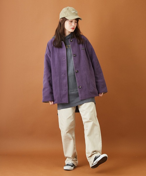 CUBE SUGAR（キューブシュガー）の「綿ナイロンフリースノーカラーリバーシブルジャケット（ノーカラージャケット・レディース・ネイビー/カーキ/ベージュ/ピンク・M）」の21枚目の写真