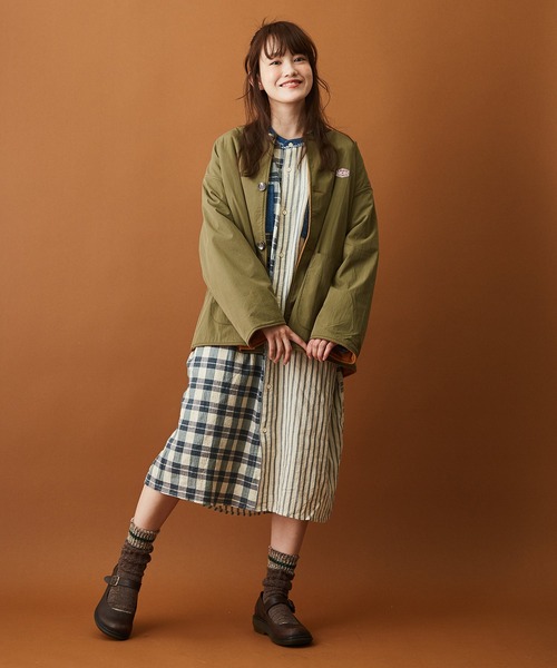 CUBE SUGAR（キューブシュガー）の「綿ナイロンフリースノーカラーリバーシブルジャケット（ノーカラージャケット・レディース・ネイビー/カーキ/ベージュ/ピンク・M）」の22枚目の写真