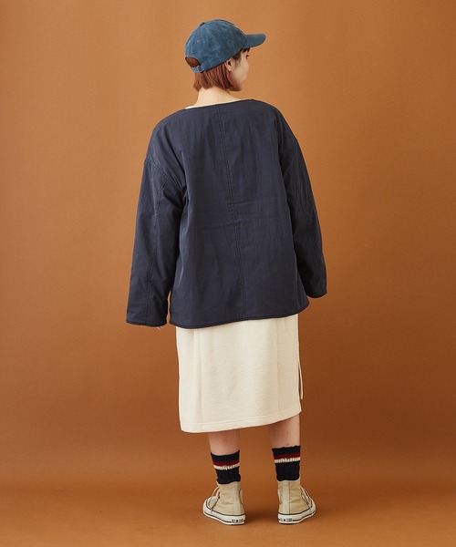 CUBE SUGAR（キューブシュガー）の「綿ナイロンフリースノーカラーリバーシブルジャケット（ノーカラージャケット・レディース・ネイビー/カーキ/ベージュ/ピンク・M）」の12枚目の写真