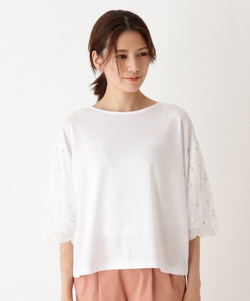 Cutie Blonde（キューティーブロンド）の「◆【S-L】袖チュールレースプルオーバー（Tシャツ/カットソー・レディース・ブラック/ダークグリーン/オフホワイト・01/02/03）」の5枚目の写真