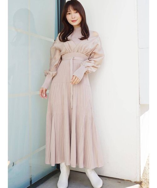 MERCURYDUO（マーキュリーデュオ）の「ロングスリーブ異素材ドッキングフレアニットワンピース（ワンピース・レディース・ブラック/ネイビー/ブラウン/ピンク/ベビーピンク・FREE）」の5枚目の写真