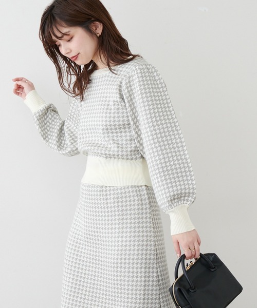 natural couture（ナチュラルクチュール）の「千鳥格子ダブルジャガードニット（ニット/セーター・レディース・ネイビー/ブラウン/グレー・FREE）」の7枚目の写真