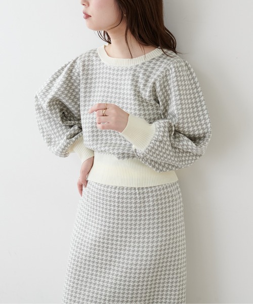 natural couture（ナチュラルクチュール）の「千鳥格子ダブルジャガードニット（ニット/セーター・レディース・ネイビー/ブラウン/グレー・FREE）」の10枚目の写真