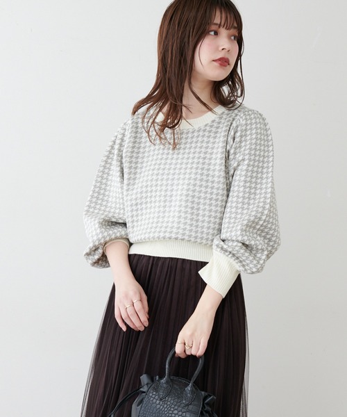 natural couture（ナチュラルクチュール）の「千鳥格子ダブルジャガードニット（ニット/セーター・レディース・ネイビー/ブラウン/グレー・FREE）」の20枚目の写真