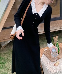 MAISON DE THERESE | Vネックレース切り替え　ニットワンピース(ワンピース)