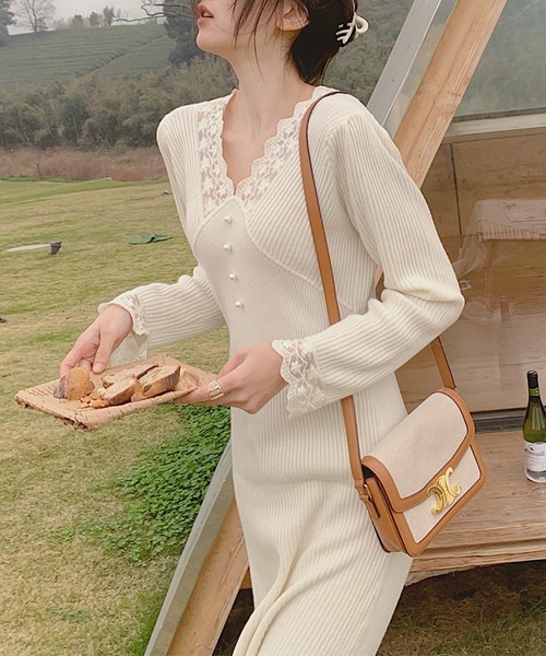 MAISON DE THERESE(メゾン ド テレーズ)の「Vネックレース切り替え ニットワンピース(ワンピース・レディース・ホワイト/ブラック・MEDIUM/SMALL/LARGE/X-LARGE)」の6枚目の写真