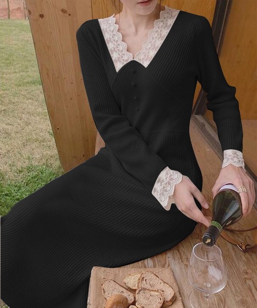 MAISON DE THERESE(メゾン ド テレーズ)の「Vネックレース切り替え ニットワンピース(ワンピース・レディース・ホワイト/ブラック・MEDIUM/SMALL/LARGE/X-LARGE)」の3枚目の写真