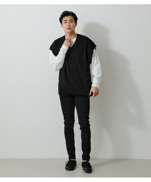 AZUL by moussy(アズールバイマウジー)の「SURFACE CHANGE KNIT VEST/サーフェスチェンジニットベスト(ベスト・メンズ・オフホワイト/ベージュ/ブラック・MEDIUM/LARGE)」の15枚目の写真