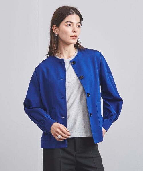 新品未使用 ユナイテッドアローズ ネイビー 紺 ノーカラージャケット 麻混紡 BYユナイテッドアローズ/春夏秋/上品リネン混ノーカラー