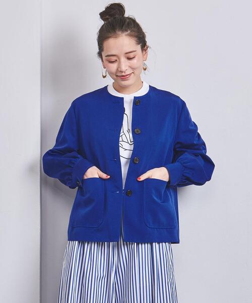 新品未使用 ユナイテッドアローズ ネイビー 紺 ノーカラージャケット 麻混紡 BYユナイテッドアローズ/春夏秋/上品リネン混ノーカラー