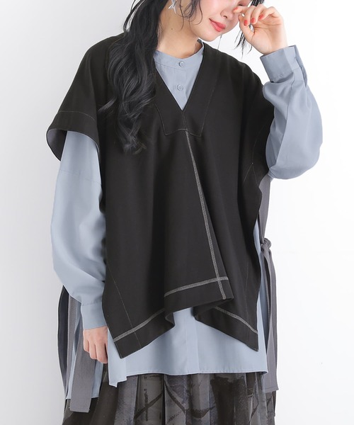 osharewalker（オシャレウォーカー）の「【廃盤】『ミニ裏毛配色ステッチベスト』（ベスト・レディース・ブラック/カーキ・FREE）」の3枚目の写真