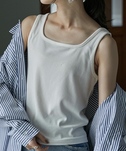 Fashion Letter(ファッションレター)の「ベーシックテレコリブタンクトップ(タンクトップ・レディース・ピンクベージュ/ブラック/ライトグリーン/パープル/オフホワイト・M)」の6枚目の写真